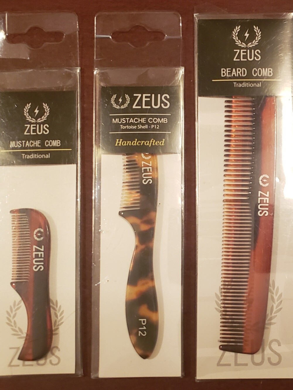 NEW SEALED Mens Tortoise Shell Saw Cut Zeus Mustache Beard Comb Brushes Set Of 3